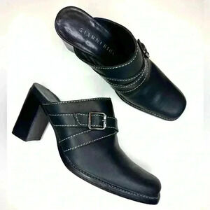 Gianni Bini Womens Leather Mules Black Buckle accnt Block heel Sz 7.5M